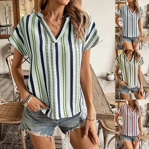 Womens Blouse Casual Loose Classic Striped Sexy V Neck Tops T shirts PLUS SIZE - Picture 1 of 10