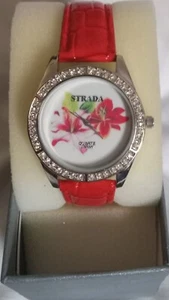 New Strada Womens Red Faux Croc Leather Band W Red Flower & Faux Diamonds Face - Picture 1 of 3