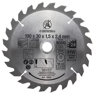 KRAFTMANN-BGS Hartmetall Kreissägeblatt 190 x 30/20 x 2,4 mm 24 Zähne Sägeblatt Holz Plastik