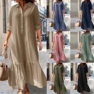 Womens Long Sleeve Cotton Linen Dresses Ladies Casual Loose Sundress M-4XL - Picture 1 of 16