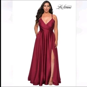 La Femme Curve Womens 22W Satin Wine Burgundy Red Pockets ALine 29033 Dress - Picture 1 of 11