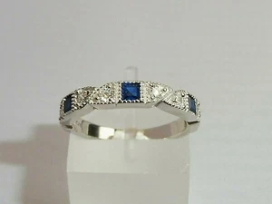 Ladies Eternity Ring 925 Sterling Silver Blue and White Sapphire Art Deco Style - Picture 1 of 9