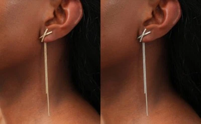 Women's Silver Gold Metal Long Tassel Decor Dangle Drop Earrings Jackets Party - Image 1 of 4