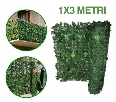 SIEPE SINTETICA 1X3 MT ARTIFICIALE FOGLIE FOGLIAME EDERA SUPPORTO RECINZIONE - Immagine 1 di 4