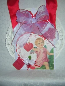 VALENTINE'S DAY Handmade Victorian CHERUB Doily Paper Ribbon Bow LOVE Envelope - Picture 1 of 5