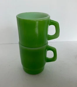 Fire King Anchor Hocking Green Coffee Mugs Cups Vintage Glassware USA Set Of 2 - Picture 1 of 3