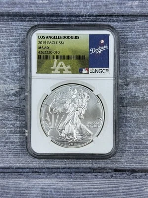 2015 Los Angeles Dodgers American Silver Eagle MS69 ULTRA RARE LABEL - Image 1 of 2