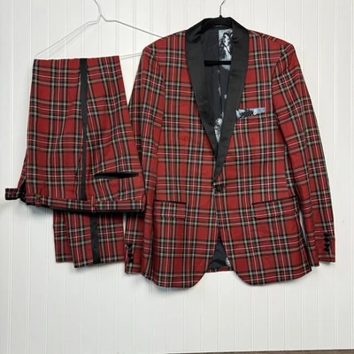 Terno de férias masculino paisley e cinza tartan tamanho fino pequeno vermelho preto xadrez búfalo - Imagem 1 de 4