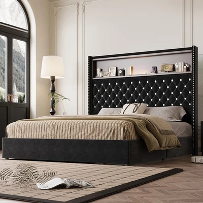 Queen Size Velvet Tufted Soft Bed Frame w USB & Night Light Wing-back Platform - Image 1 of 4