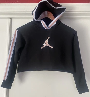 NIKE AIR JORDAN . Black Cropped Pullover Hoodie , Arm Stripe Accent, SMALL 8-10Y - Image 1 of 4