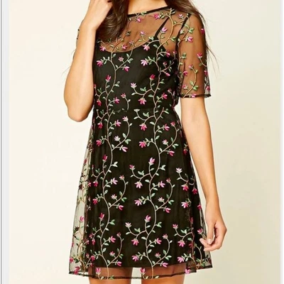 Forever 21 Contemporary Black Floral Embroidered Sheer Mesh Dress XL WhimsyGoth - Image 1 of 4
