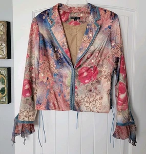 VTG Boho Chic Blazer Satin Hippie Fairy Whimsy Floral Jacket Size Medium USA - Picture 1 of 20