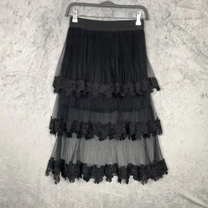 Whimsigoth Gothic Mesh Tiered Midi Skirt Medium Black Floral Lace Trim Romantic - Picture 1 of 5