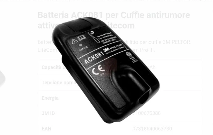 Batteria ACK081 per Cuffie antirumore attive 3M Peltor