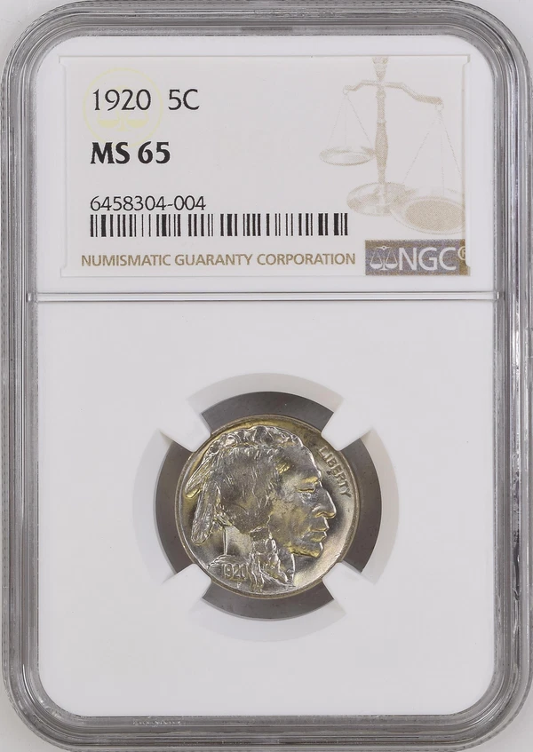 :1920-P 5C INDIAN-HEAD BUFFALO NICKEL SHINY-LUSTROUS NGC-MS-65 R5 HIGHEST-GRADES - Image 1 of 2