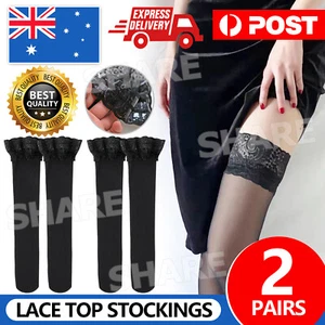 2Pair Women Sheer Lace Top Non-slip Thigh High Stockings Hold-up Pull up Stay up - Picture 1 of 9