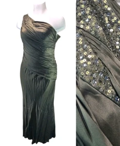 Carmen Marc Valvo Dark Green Silk Formal Dress Womens 14 Elegant Event Sequin - Picture 1 of 24