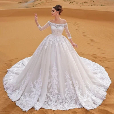Luxury Lace Applique Princess Wedding Dresses Boat Neck Half Sleeves Bridal Gown - Image 1 of 4