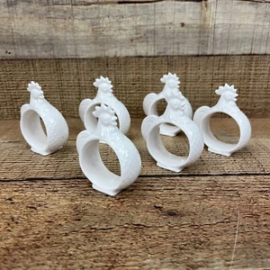 Rooster Chicken Napkin Rings Holders White Ceramic Set of 6 - Picture 1 of 3