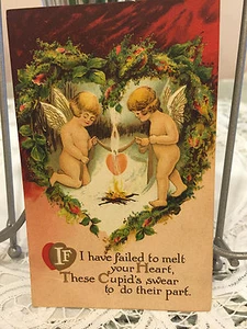 Antique embossed postcard Cupids Valentine heart Gold V13 printed Saxony Nice - Picture 1 of 12