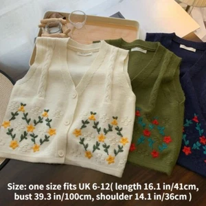 Women Knit Vest Waistcoat Cardigan Floral Embroidery V Neck Sweater Knitwear - Picture 1 of 17