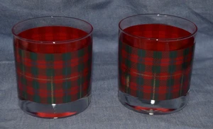 Lot of 2 Red & Green Tartan Plaid Whiskey Rocks Low Ball Scotch Glasses Barware - Picture 1 of 2