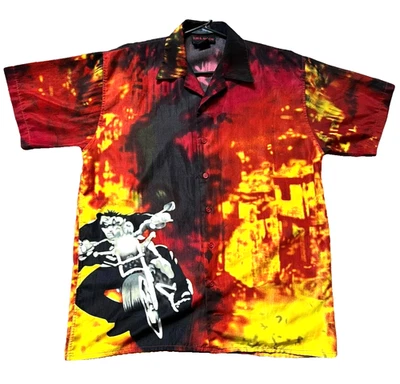 Sun Moon Button Up Flames Biker Shirt M AOP Motorcycle Ghost Rider Mens S/S - Image 1 of 4