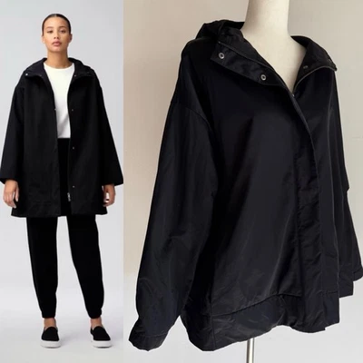 Chaqueta Eileen Fisher Negra Algodón Orgánico Nylon Capucha Abrigo de Lluvia XL Forrado de Vellón Foto 1 de 4