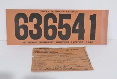 Etiqueta trasera de licencia de caza residente de Michigan 1940 Foto 1 de 3