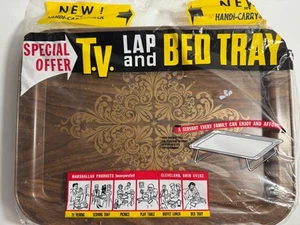 Vtg New Retro TV Tray Folding Legs Lap Tray Brown Gold Flour De Lis 1970s MCM - Picture 1 of 13