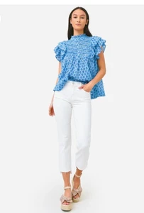 Oliphant Pintuck Ruffle Top Women's Size XS Fern Blue $178 100% Cotton Ikat - Picture 1 of 12