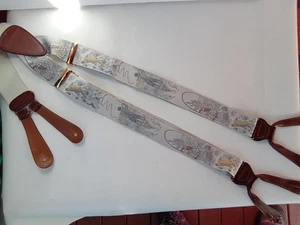 MENS SUSPENDERS LIGHT GRAY W-FISHING SCENE EMBROIDERED IN STRAPS REG.SIZE... - Picture 1 of 10