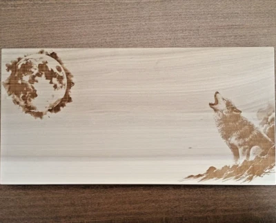 Engraved Wood Gift Cutting Board Howling Wolf Honoki Hinoki Made in Japan - Image 1 of 4