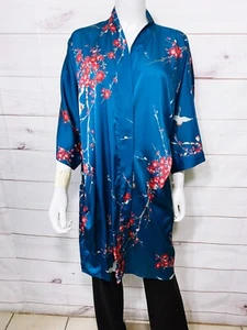 Kim + Ono Womens Satin Kimono Robe One Size Teal Floral Crane No Belt - Picture 1 of 13