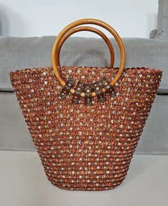 Vintage Victoria's Secret Woven Straw Beaded Wicker Bucket Bag - Picture 1 of 11