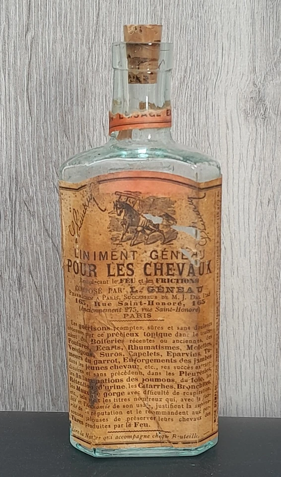 Ancienne bouteille 1900 Apothicaire Verre Liniment Géneau chevaux Vintage Bottle - Photo 1/4