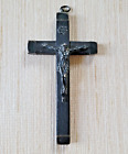 Antique Nun's Habit Crucifix Wood Trimmed In Silver