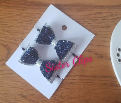 SISTER CLIPS Set of 2 toddler / pigtail 1.5" bow hair bobbles navy blue silver glitter