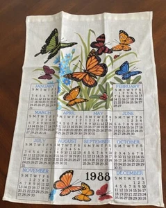 Toalla de té calendario 1988 mariposa colorida de lino de colección 20,5" X 14,5" - Imagen 1 de 4