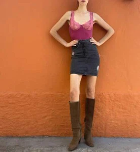 Ash grey vintage denim mini skirt, Pop84 retro clothing, 1980s jean skirt with f - Picture 1 of 10