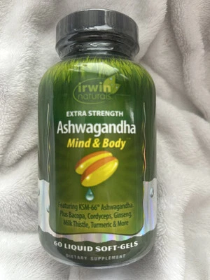 Irwin Naturals Extra Strength Ashwagandha Suporte Mente e Corpo 60 Cápsulas Gelatinosas❤️ - Imagem 1 de 2