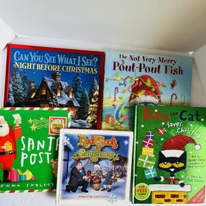 Lot of 5 Hardcover Christmas Children's Books Santa Pete Cat Pout Fish Puzzles - Picture 1 of 24