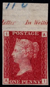 1864 1d rote SG 43 Imprimaturplatte 108 AH 4m Randinschrift super postfrisch - Bild 1 von 1
