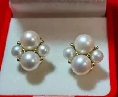 Серьги-гвоздики с натуральным белым жемчугом круглой огранки 3 карата с покрытием из желтого золота 14 карат - Изображение 1 из 4
