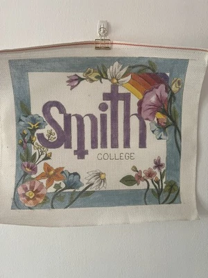 Vintage Handpainted Needlepoint Canvas 13 Mesh Smith College Floral  - Image 1 of 4