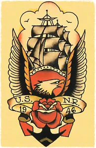 USNR MARINE 1946 Mastschiff Seemann Jerry traditioneller Tattoo-Stil Flashdruck USA - Bild 1 von 1
