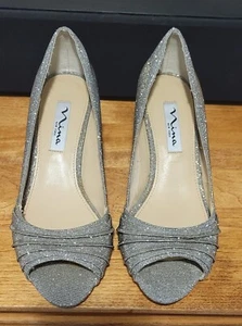 Nina New York Womens 6.5 Glitter Metallic Silver Open Toe Heels - Picture 1 of 4