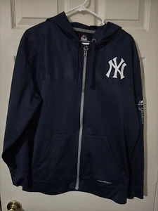 New York Yankees Men’s L Blue Hooded MLB Majestic Full Zip Therma Base Jacket - Picture 1 of 11