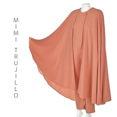MIMI TRUJILLO Vintage 1980s Coral Wool Crepe Jumpsuit & Matching Cape SZ Small - Image 1 of 4