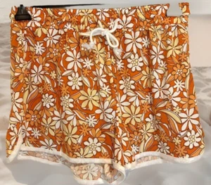 Womens Boyfriend Shorts Orange Yellow Floral High Waist Elastic Tie Front Size L - Picture 1 of 6